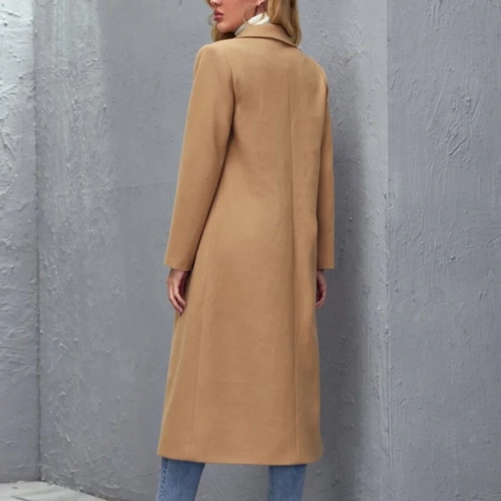 Cozy Camel Tan wide collar coat jacket trench PeaCoat - Picture 10 of 12